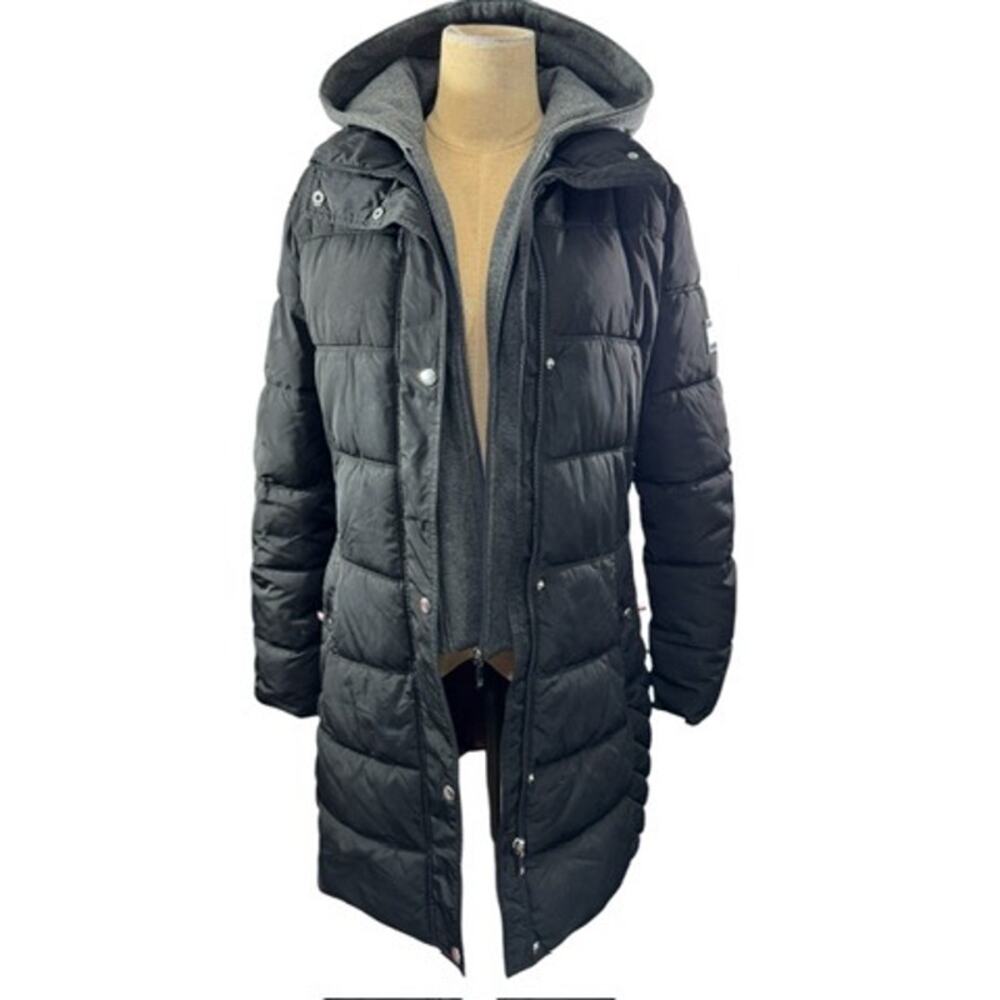 "TOMMY HILFIGER" Long Puffer Coat SZ S Inner Zipp Layer Y2K Jersey Hood PLZ READ